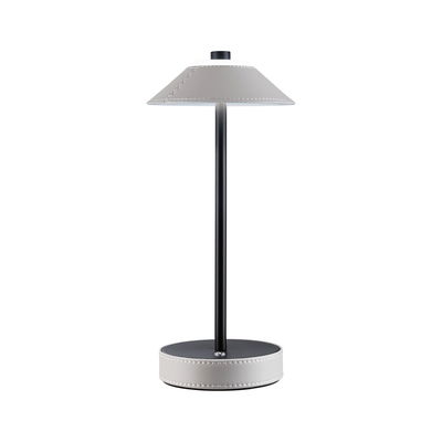 Lampe de table moderne avec revêtement en cuir gris et structure métallique noire pour un éclairage élégant