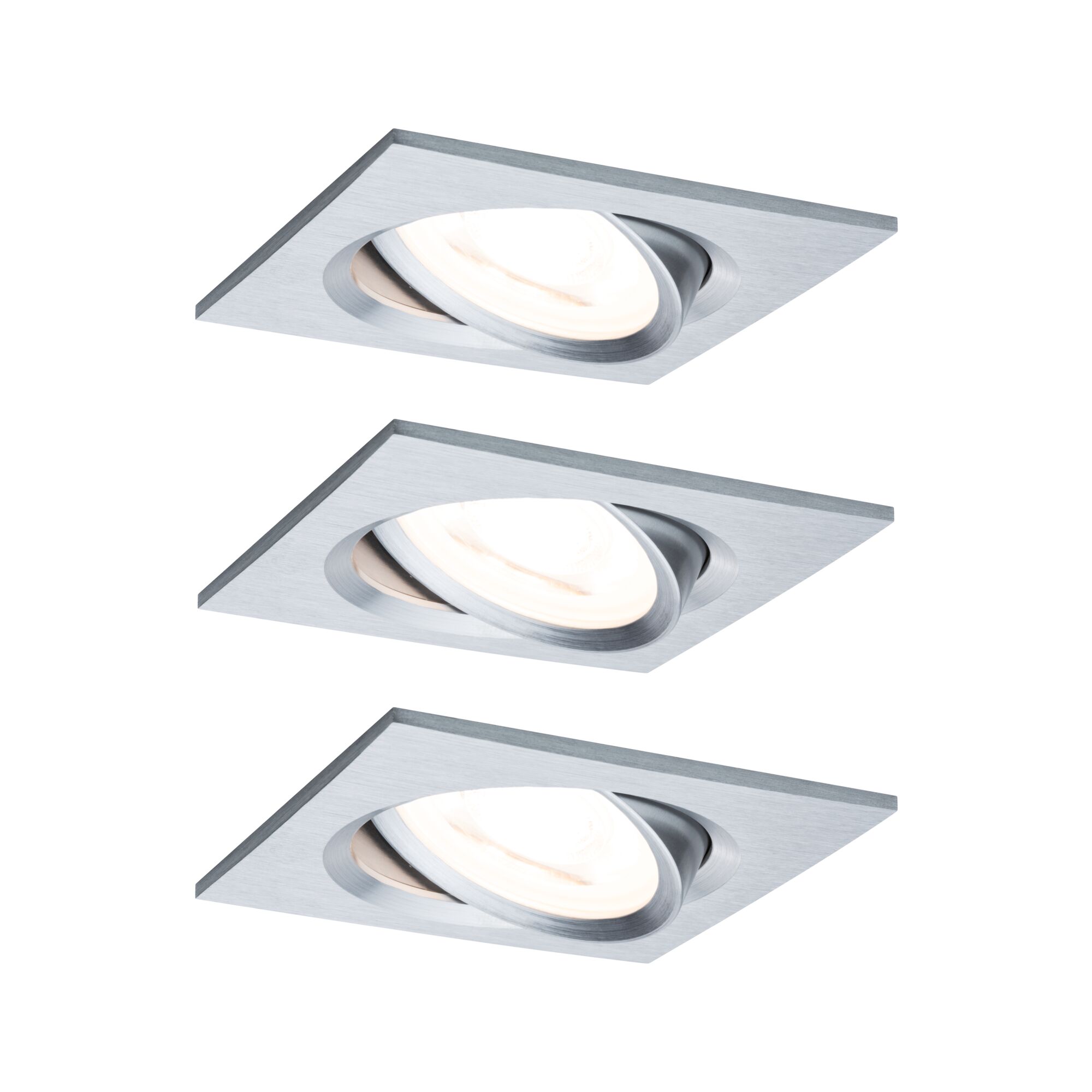 Three square recessed spotlights in brushed silver aluminum for modern LED lighting solutions