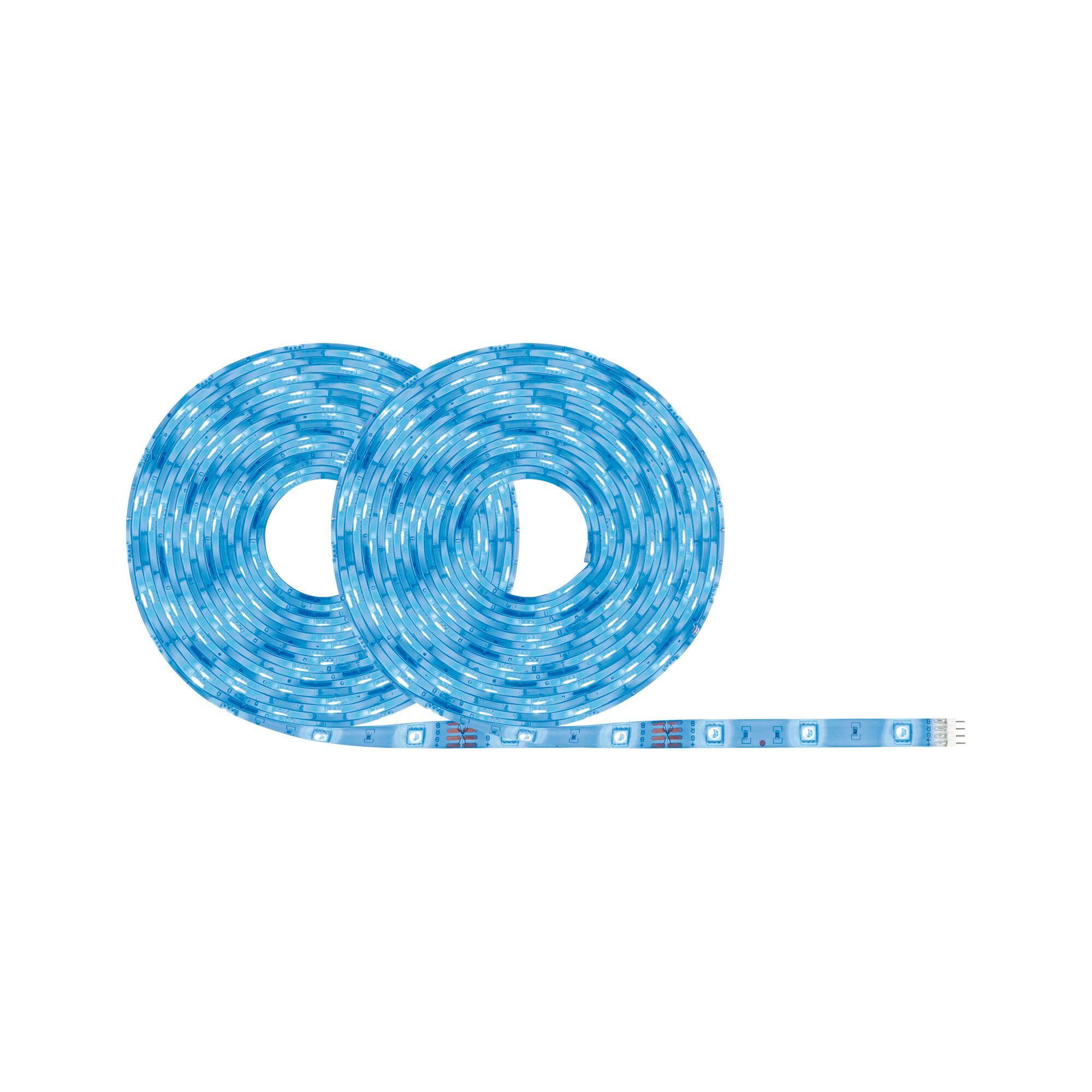 Twee opgerolde blauwe LED-lichtstrips met zichtbare LEDs voor flexibele verlichting.