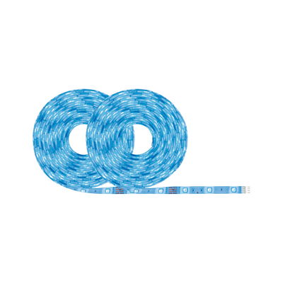 Zwei blaue LED-Lichtbänder aufgerollt mit sichtbaren LEDs für flexible Beleuchtungslösungen.