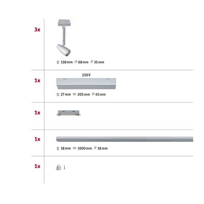 Ensemble de trois spots LED blancs avec rail argenté et accessoires pour solutions d'éclairage flexibles