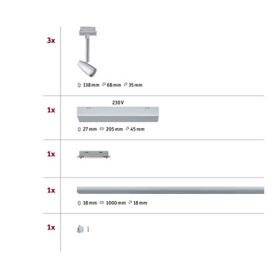Set mit drei weißen LED-Strahlern, silberner Schiene und Zubehör für flexible Beleuchtungssysteme
