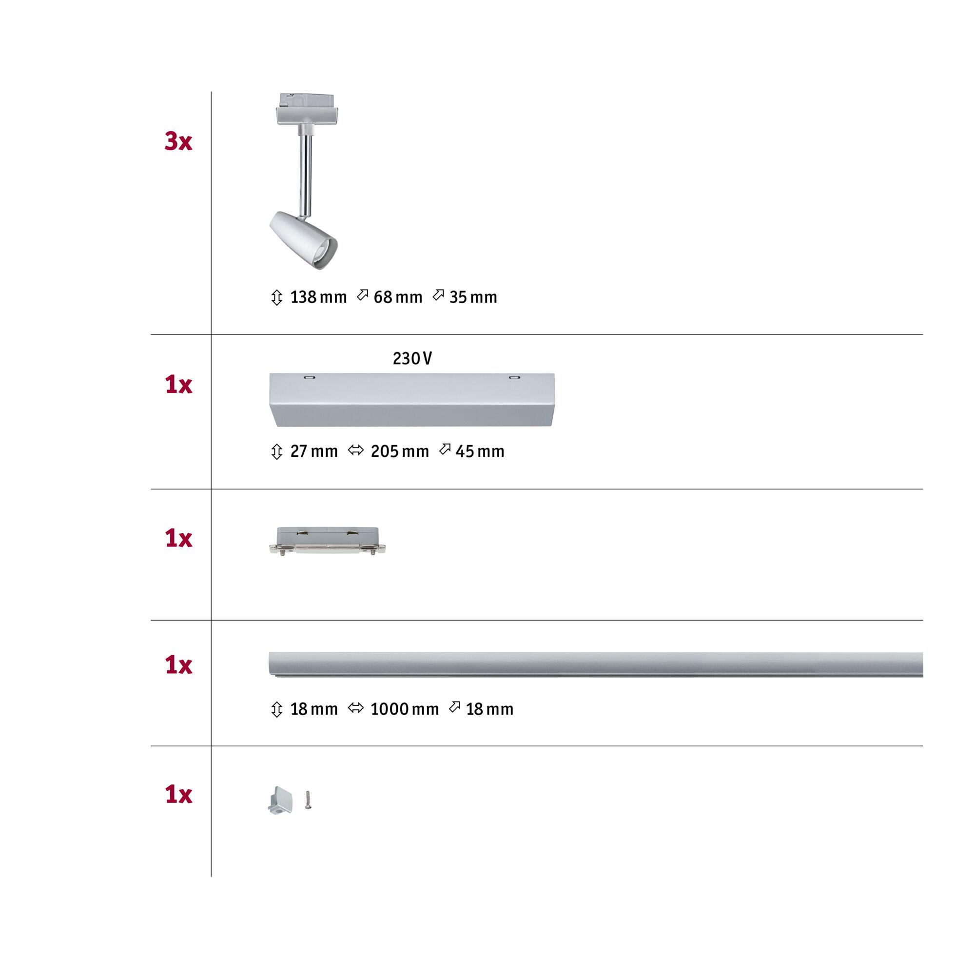 Set of three silver LED spotlights with accessories and dimensions for modern lighting setup