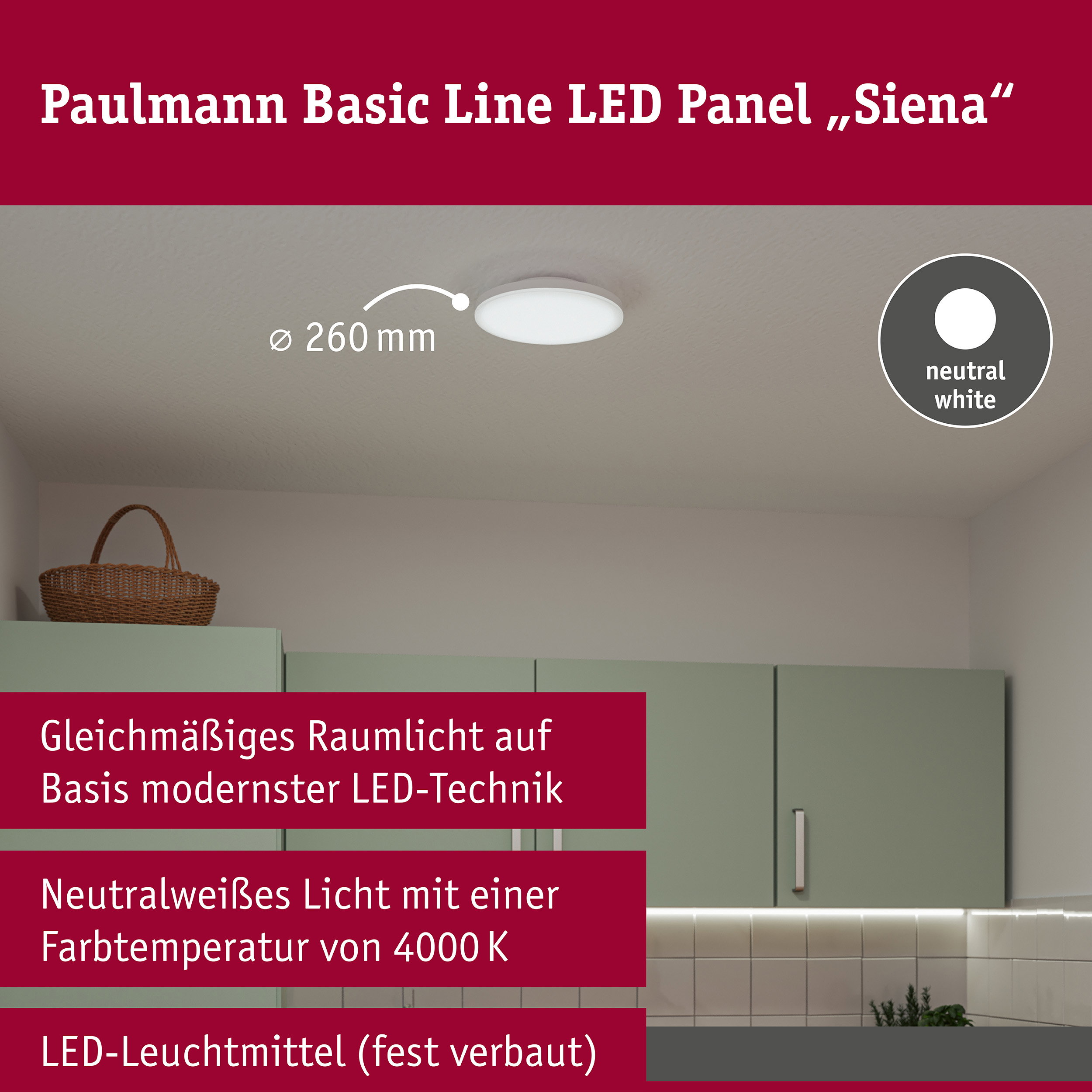 LED Deckenleuchte Siena 4000K 260mm 1600lm 230V 18,8W