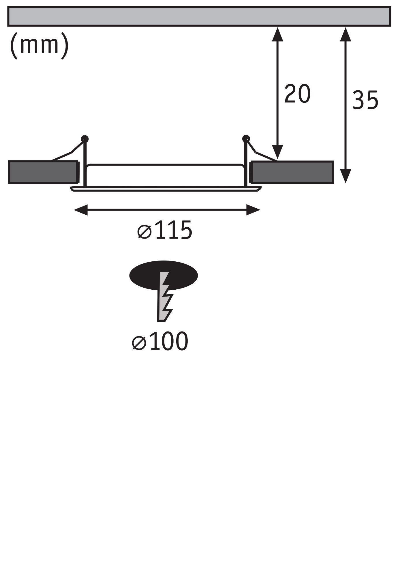 Technische tekening van inbouwspotgat met 115 mm diameter en 35 mm inbouwdiepte