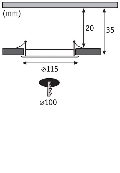 Technische Zeichnung eines Einbaustrahler-Lochs mit 115 mm Durchmesser und 35 mm Einbautiefe