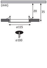 Technische tekening van inbouwspotgat met 115 mm diameter en 35 mm inbouwdiepte