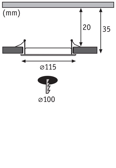 Technische tekening van inbouwspotgat met 115 mm diameter en 35 mm inbouwdiepte