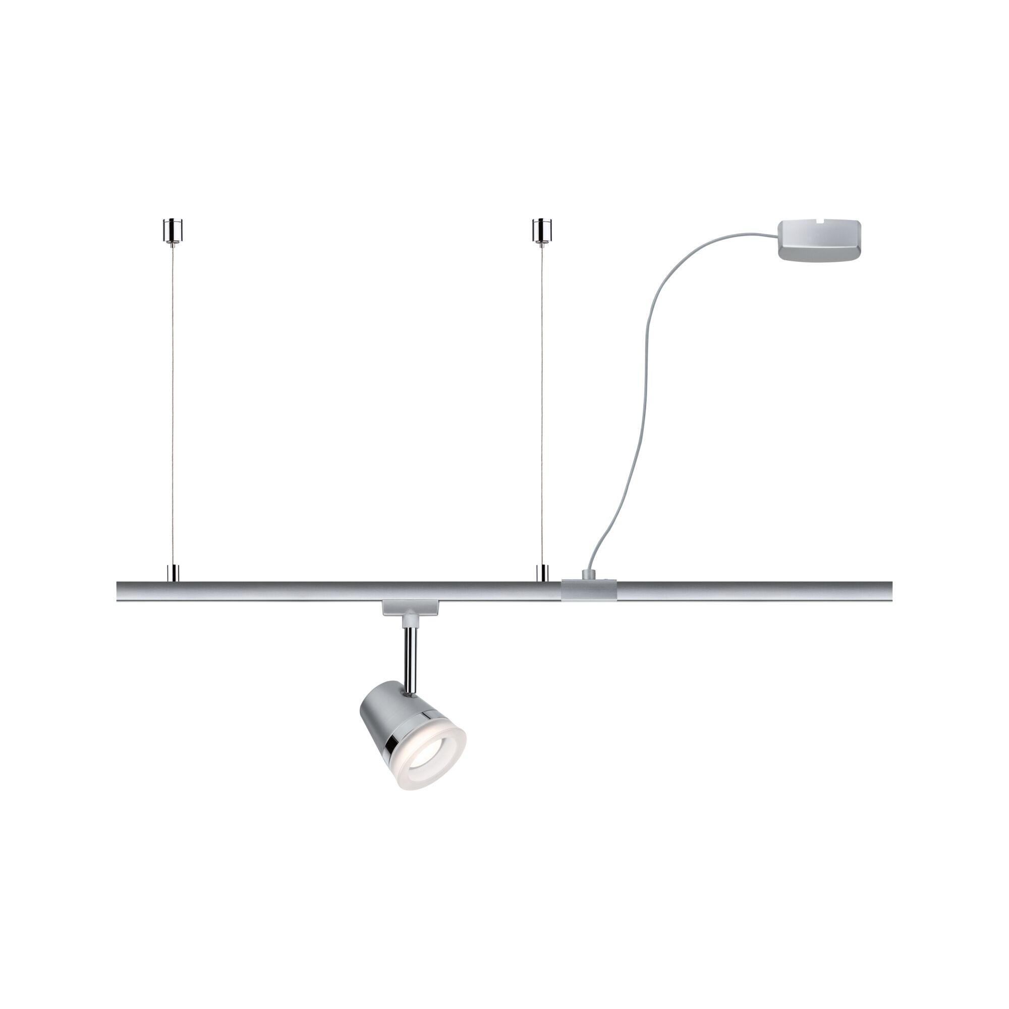 Moderner silberner LED-Strahler an Schienensystem mit Kabelaufhängung für flexible Beleuchtung