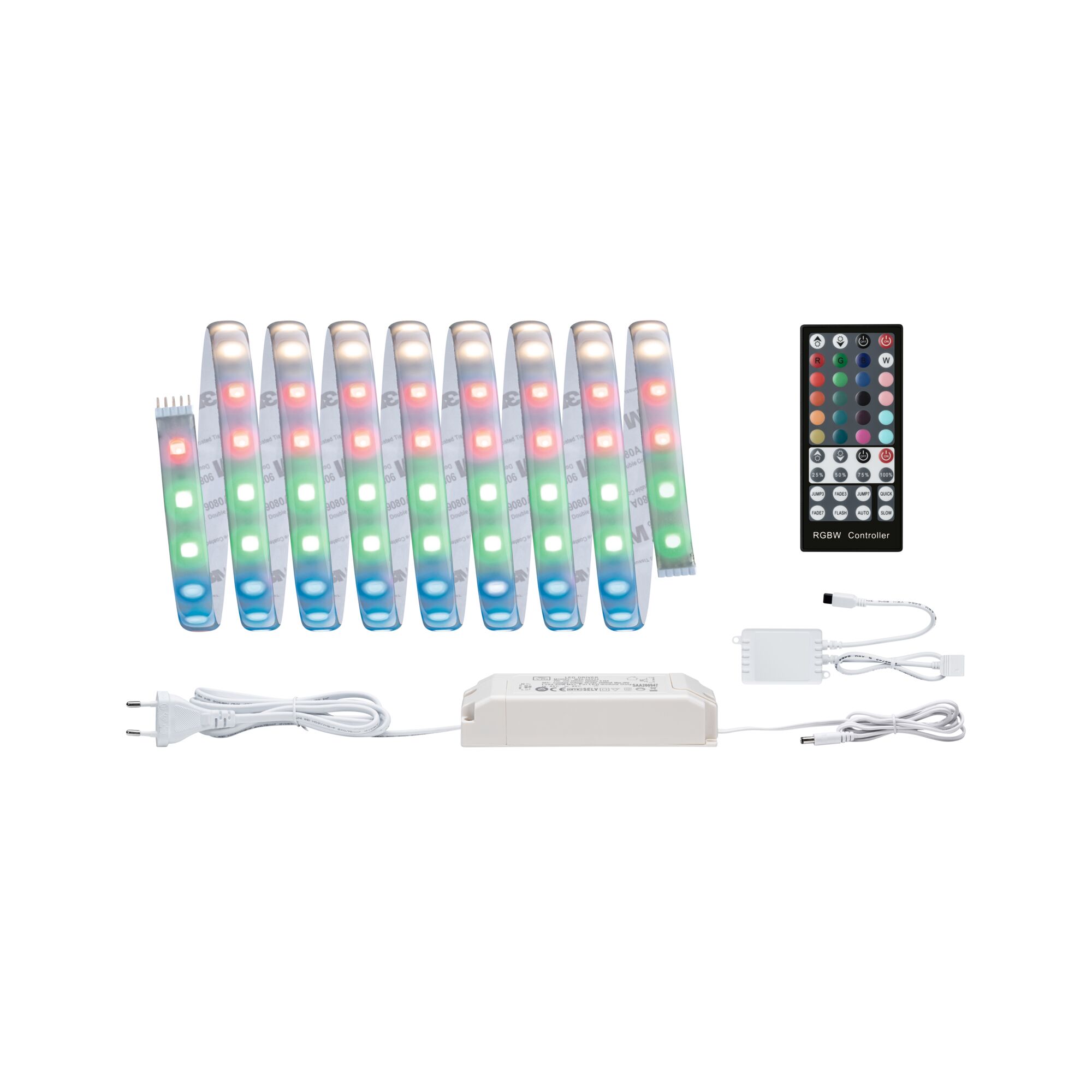 Bande LED RGBW avec télécommande et alimentation blanche pour éclairage coloré flexible et déco.