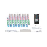 Bande LED RGBW avec télécommande et alimentation blanche pour éclairage coloré flexible et déco.