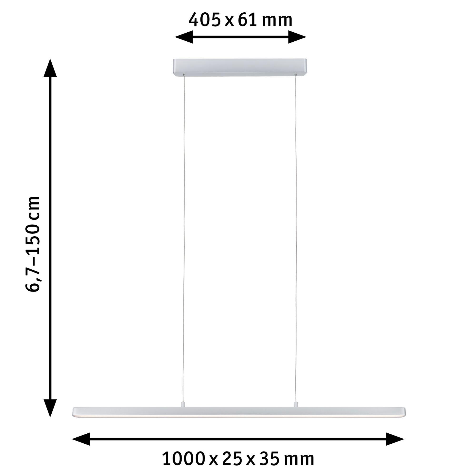 White metal LED pendant light measuring 1000x25x35 mm with 150 cm adjustable cable length
