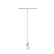 Weiße Pendelleuchte mit Glühbirne aus Glas und Metall, minimalistisches Design für moderne Beleuchtung