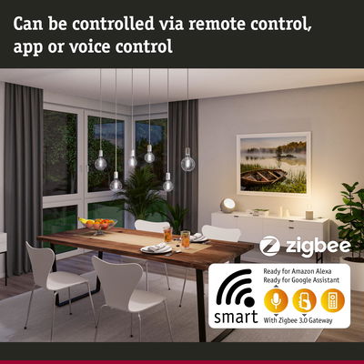 Modern dining area with smart Zigbee 3.0 LED bulbs controllable via app, voice or remote control