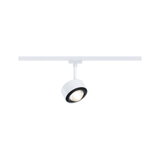 Modern white LED spotlight with black cooling ring on white track for flexible lighting