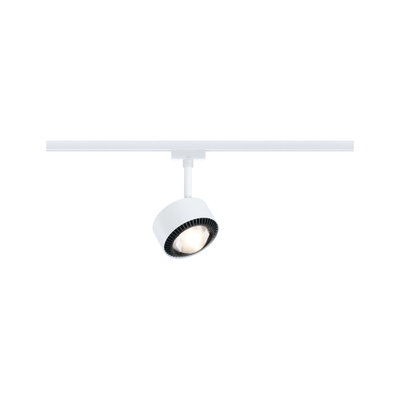 Modern white LED spotlight with black cooling ring on white track for flexible lighting