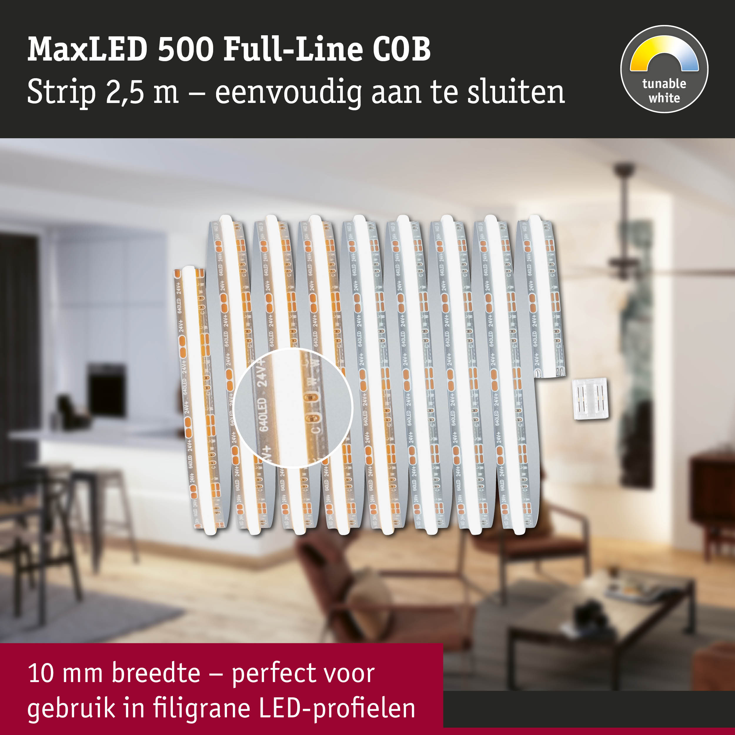 MaxLED 500 Full-Line COB LED-strip 2,5 m met instelbaar wit, 10 mm breed voor fijne LED-profielen