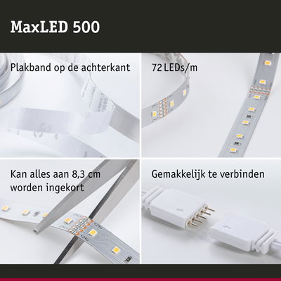 MaxLED 500 LED-strip met 72 LEDs/m, plakband achterzijde, 8,3 cm in te korten, eenvoudig te verbinden