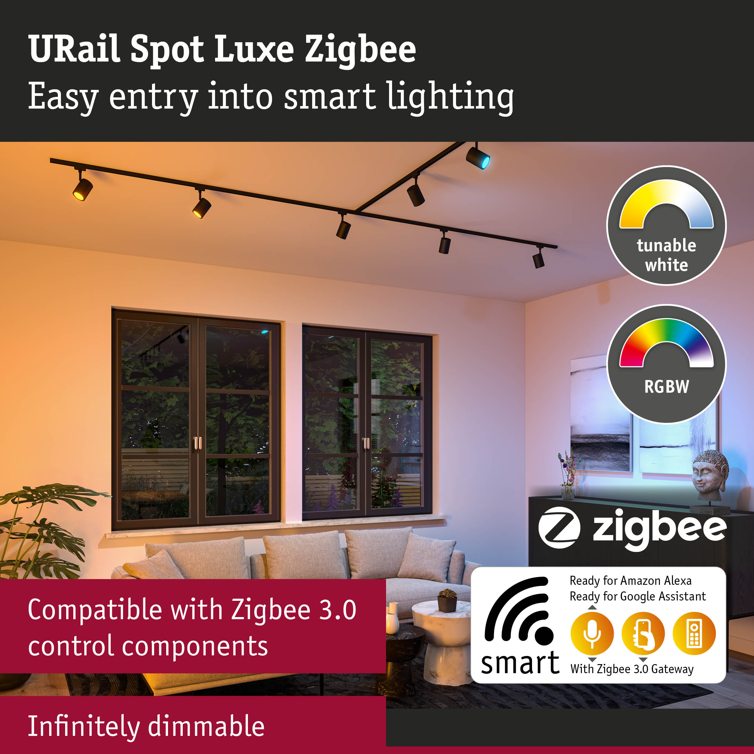 Black URail Spot Luxe Zigbee track lighting with dimmable LED spots in a modern living room.