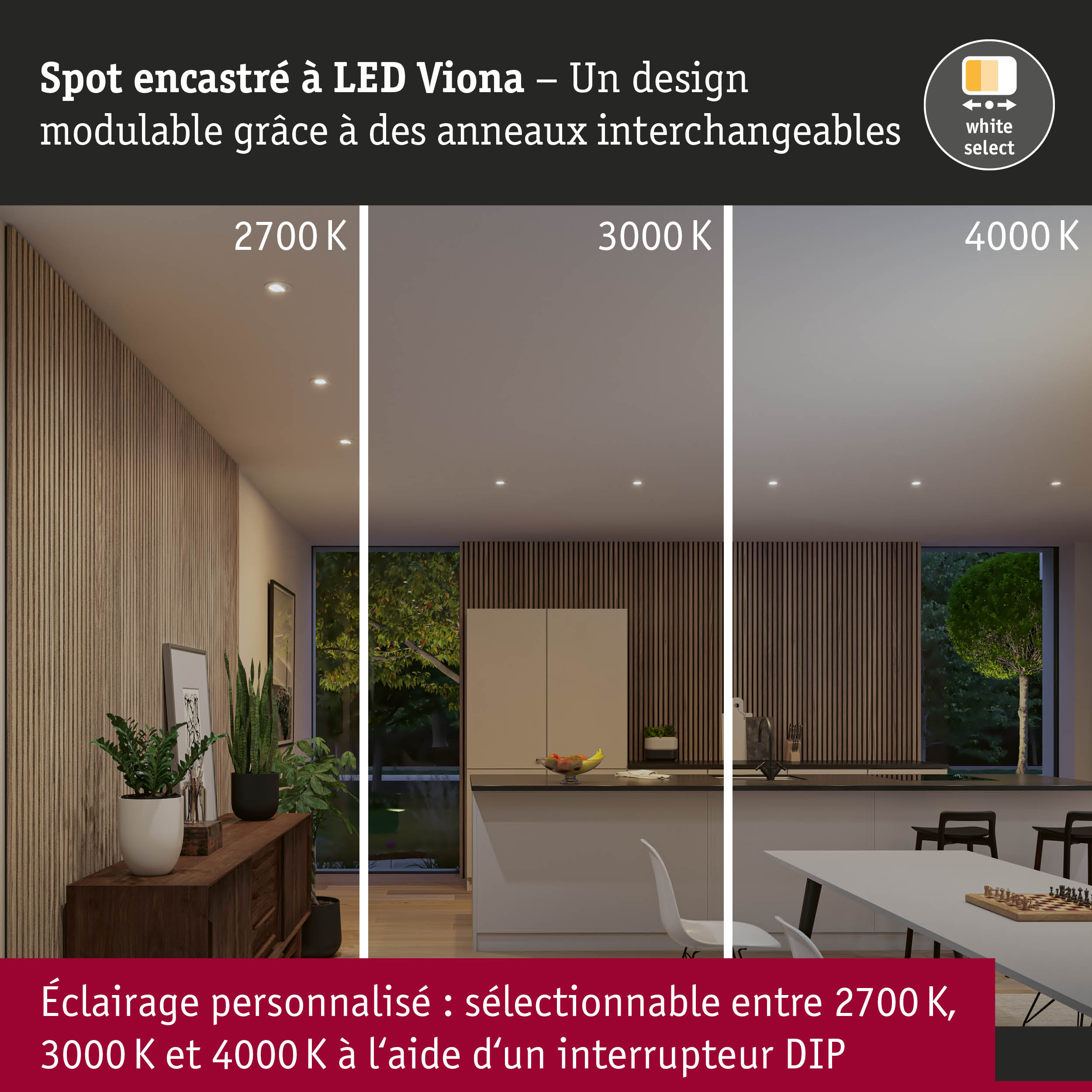 Spot encastré LED Viona au design modulable avec anneaux interchangeables, éclairage 2700K, 3000K, 4000K