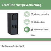 Zwarte buitenstekker met beschermkap en kabelaansluiting voor tuinverlichting en energievoorziening