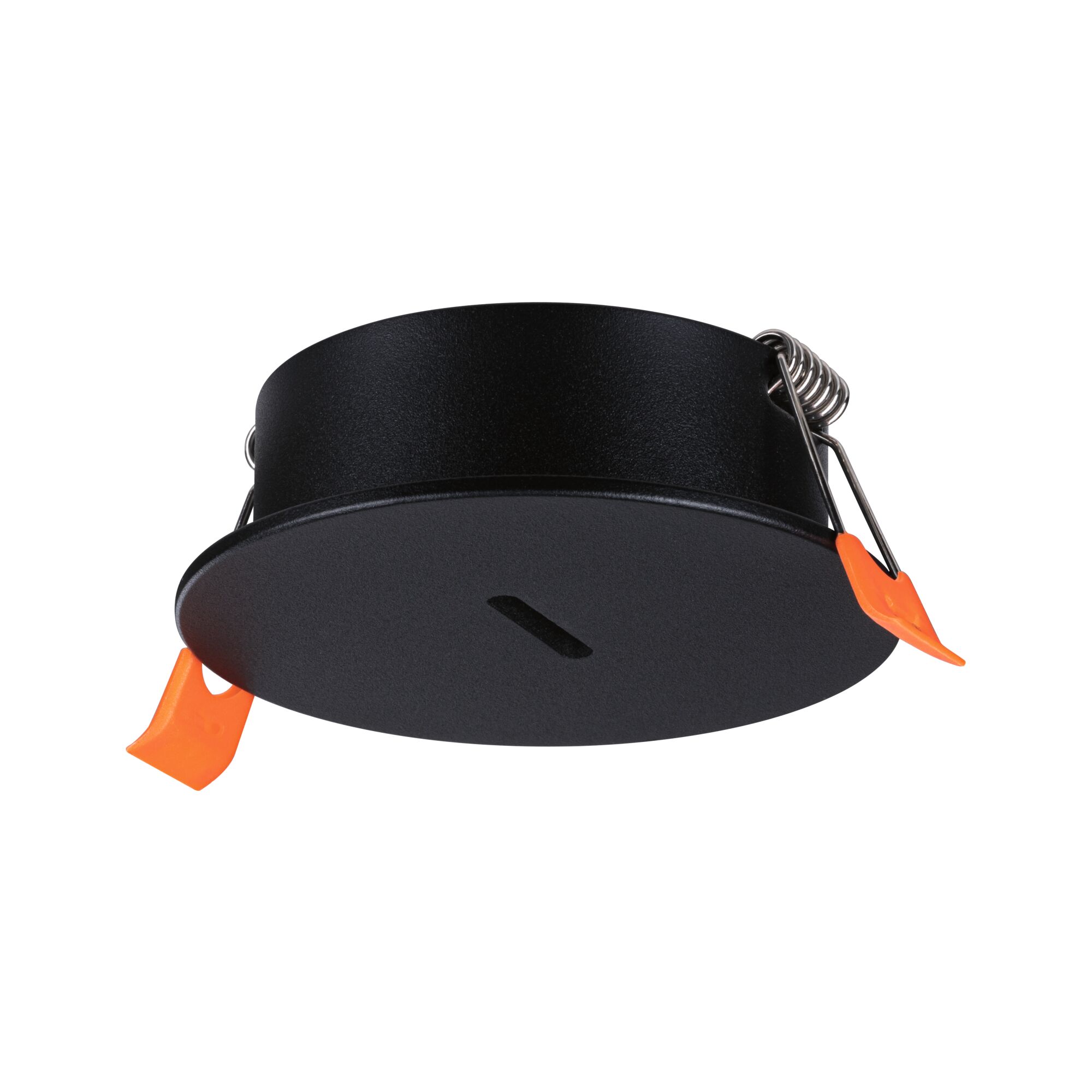 Sort metal indbygningsramme med orange clips til LED-spotinstallation