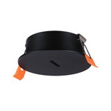Black metal recessed frame with orange clips for LED downlights installation