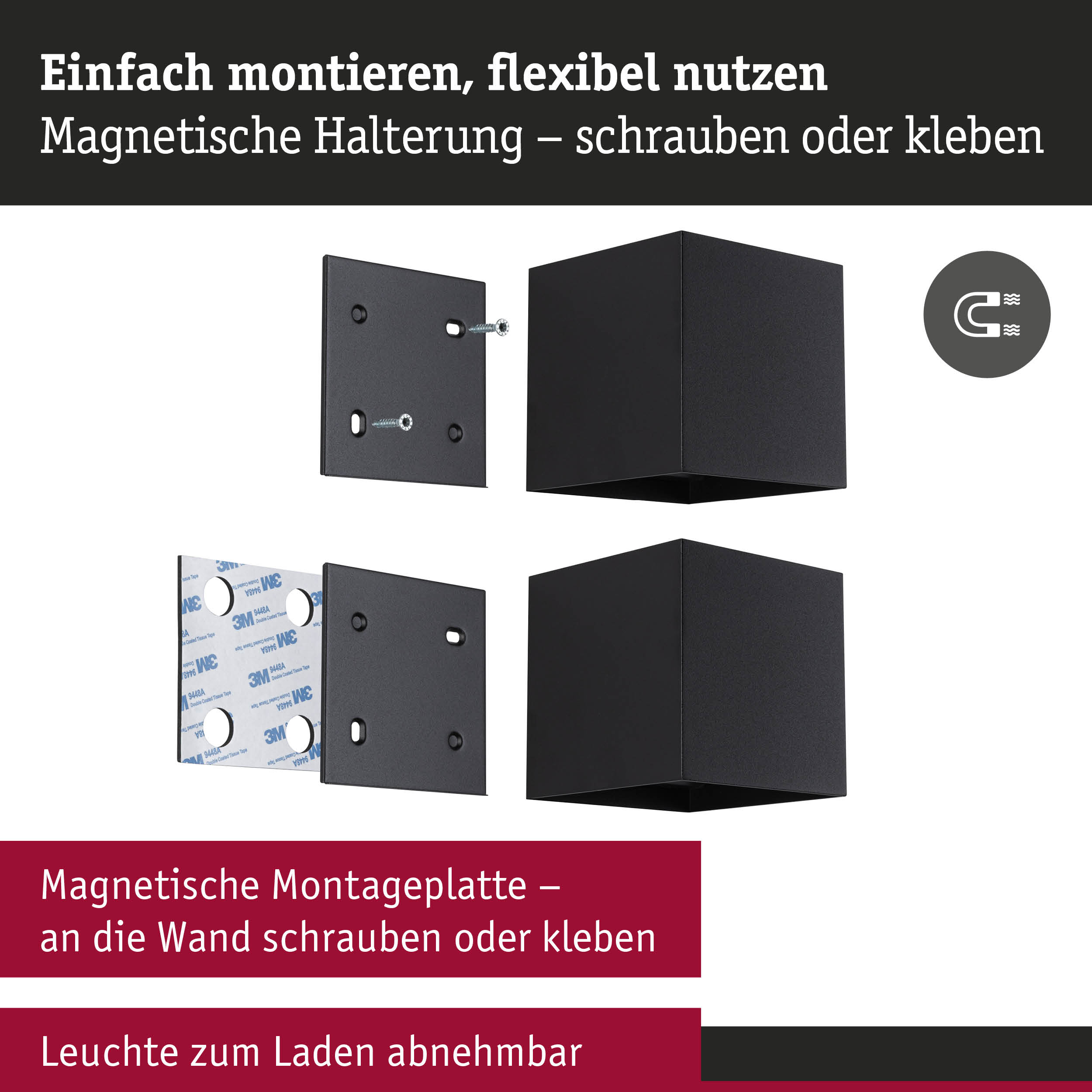 Schwarze magnetische Montageplatte mit Schrauben und Klebefläche für flexible Wandbefestigung