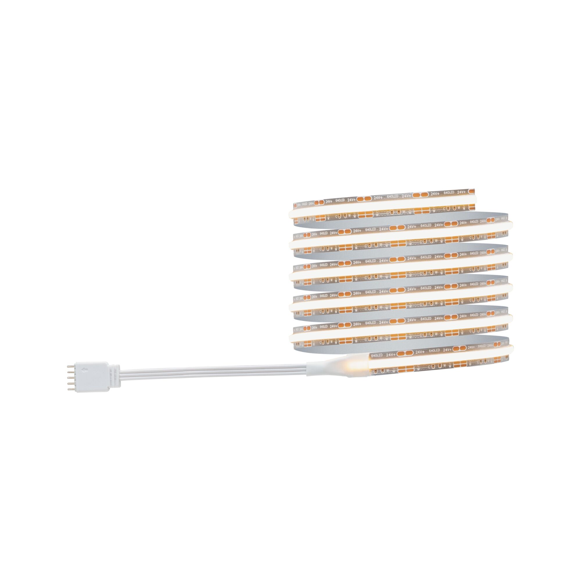 Bande LED flexible avec lumière blanc chaud et câble de connexion blanc pour éclairage polyvalent.
