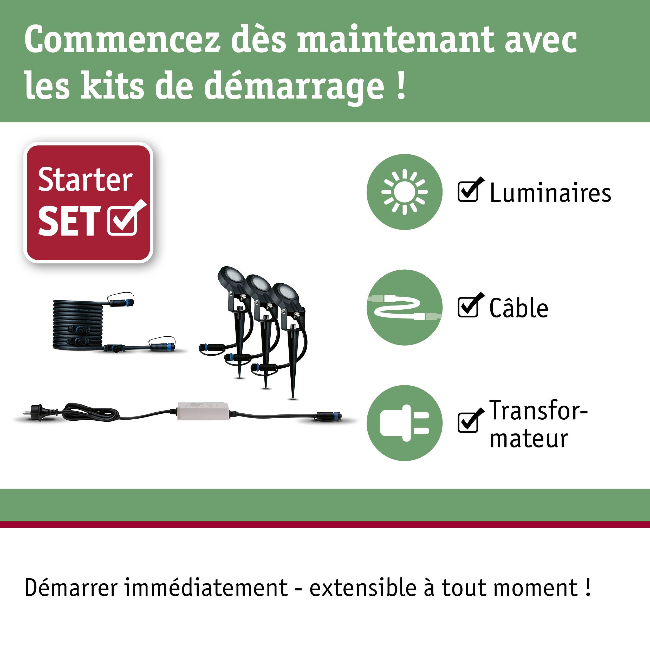 Kit de démarrage avec trois projecteurs LED noirs, câble et transformateur pour éclairage extérieur