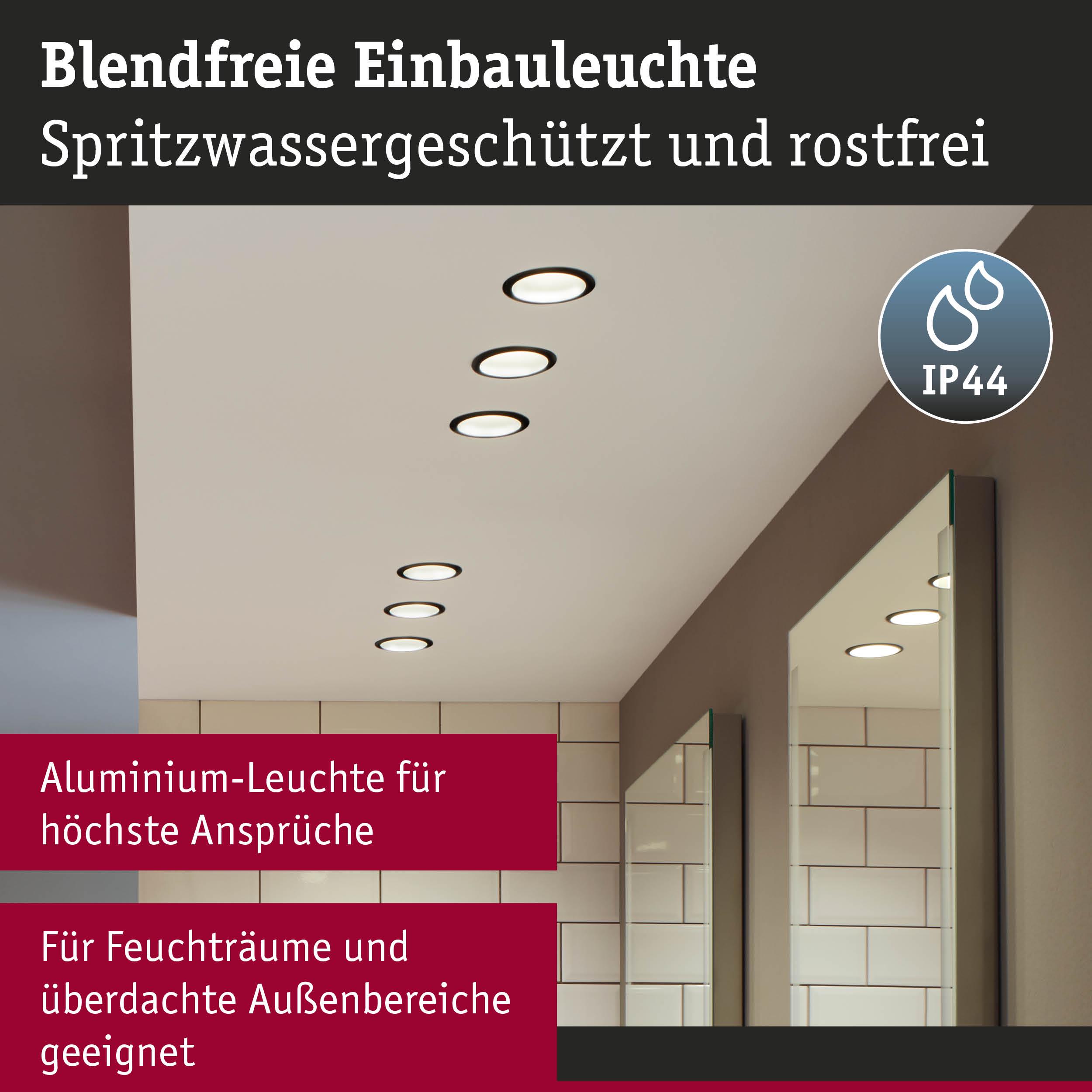 Blendfreie Aluminium-Einbauleuchte in Weiß für Feuchträume und überdachte Außenbereiche mit IP44 Schutz