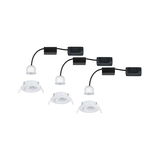 Three white LED recessed spotlights with black cables and mounts for modern ceiling lighting