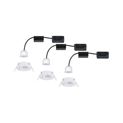 Three white LED recessed spotlights with black cables and mounts for modern ceiling lighting