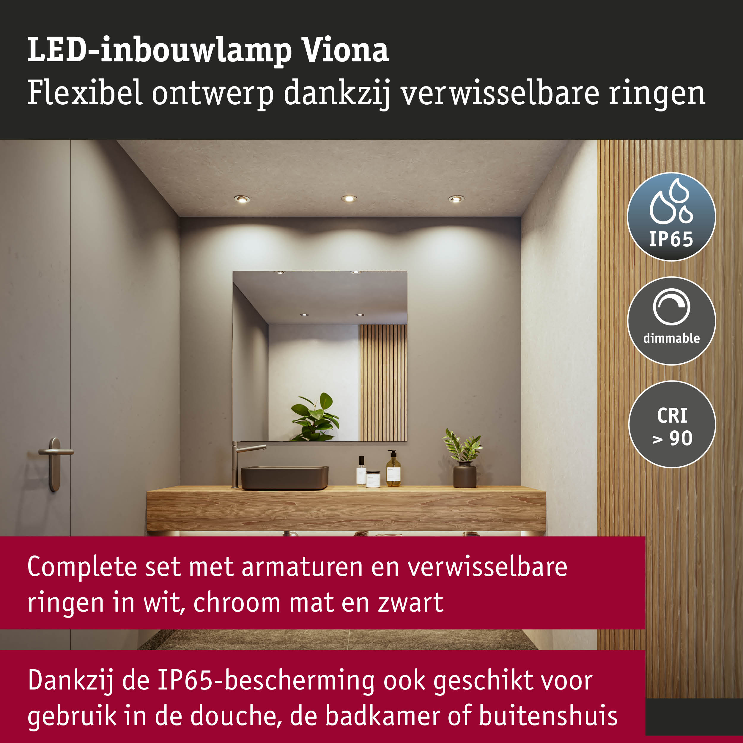 LED-inbouwlamp Viona met flexibel ontwerp en verwisselbare ringen in wit, mat chroom en zwart