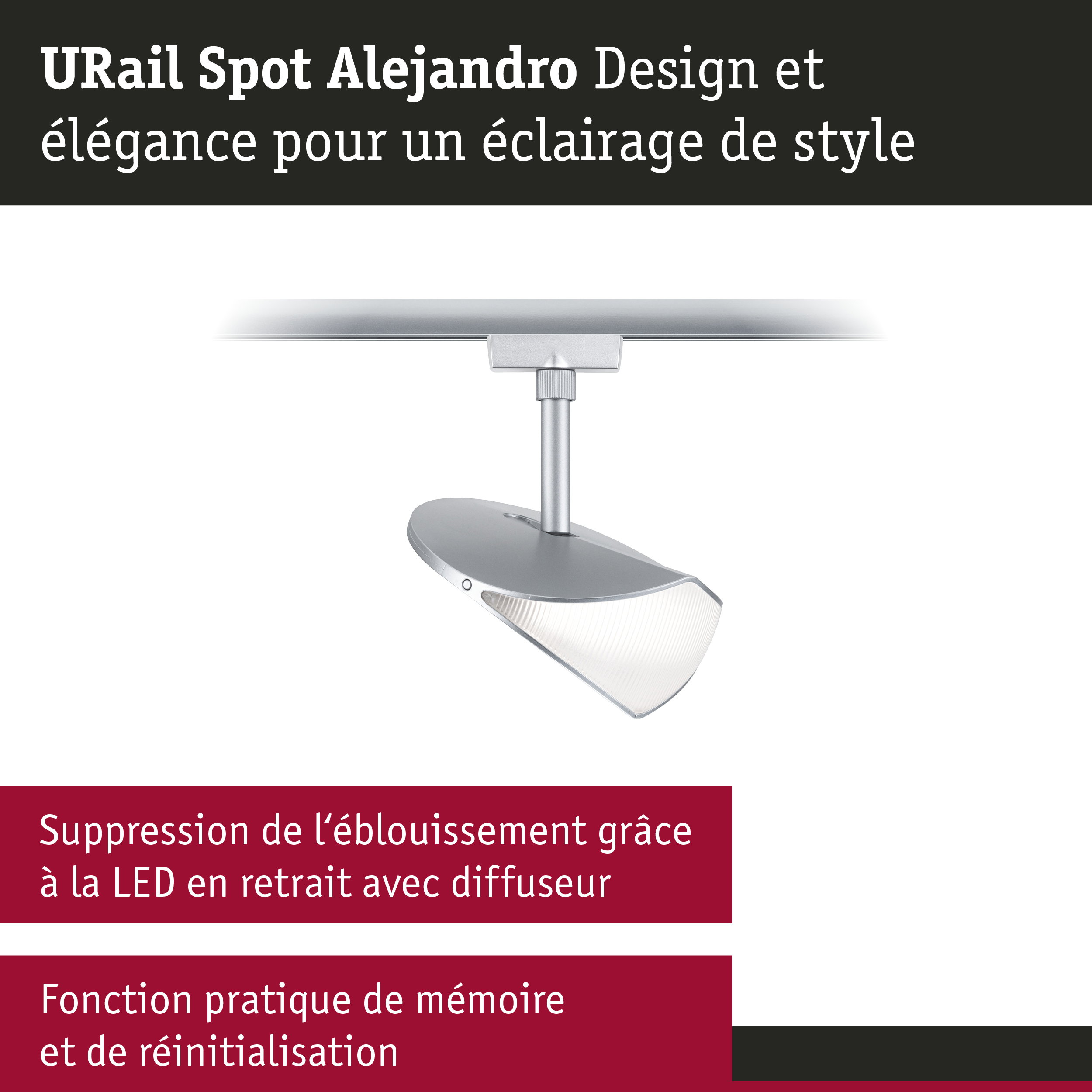 Spot URail Alejandro LED argenté moderne avec diffuseur anti-éblouissement et fonction mémoire