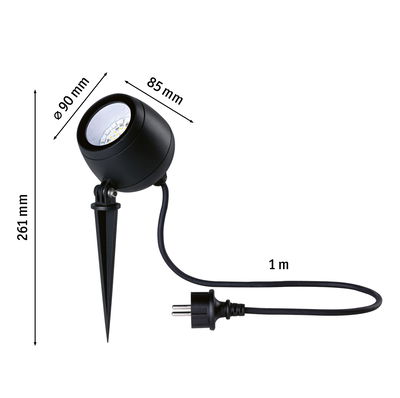 Zwarte LED-tuinschijnwerper met grondpen en 1 meter kabel, 90 mm diameter, 261 mm hoogte