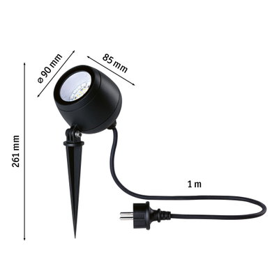 Black LED garden spotlight with ground spike and 1 meter cable, 90 mm diameter, 261 mm height