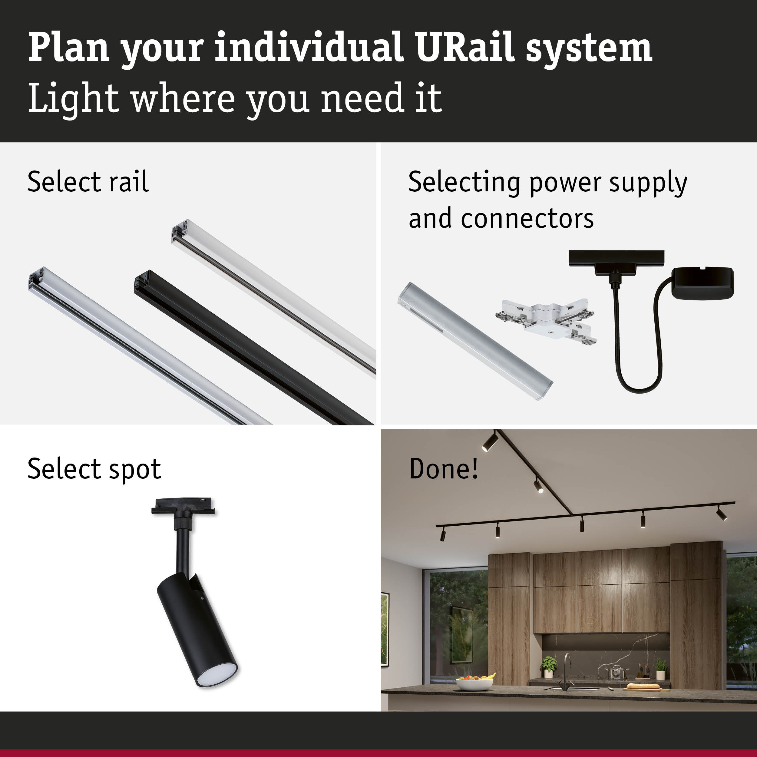 Modular URail track system with black and white rails, connectors, and spotlights for flexible lighting setup