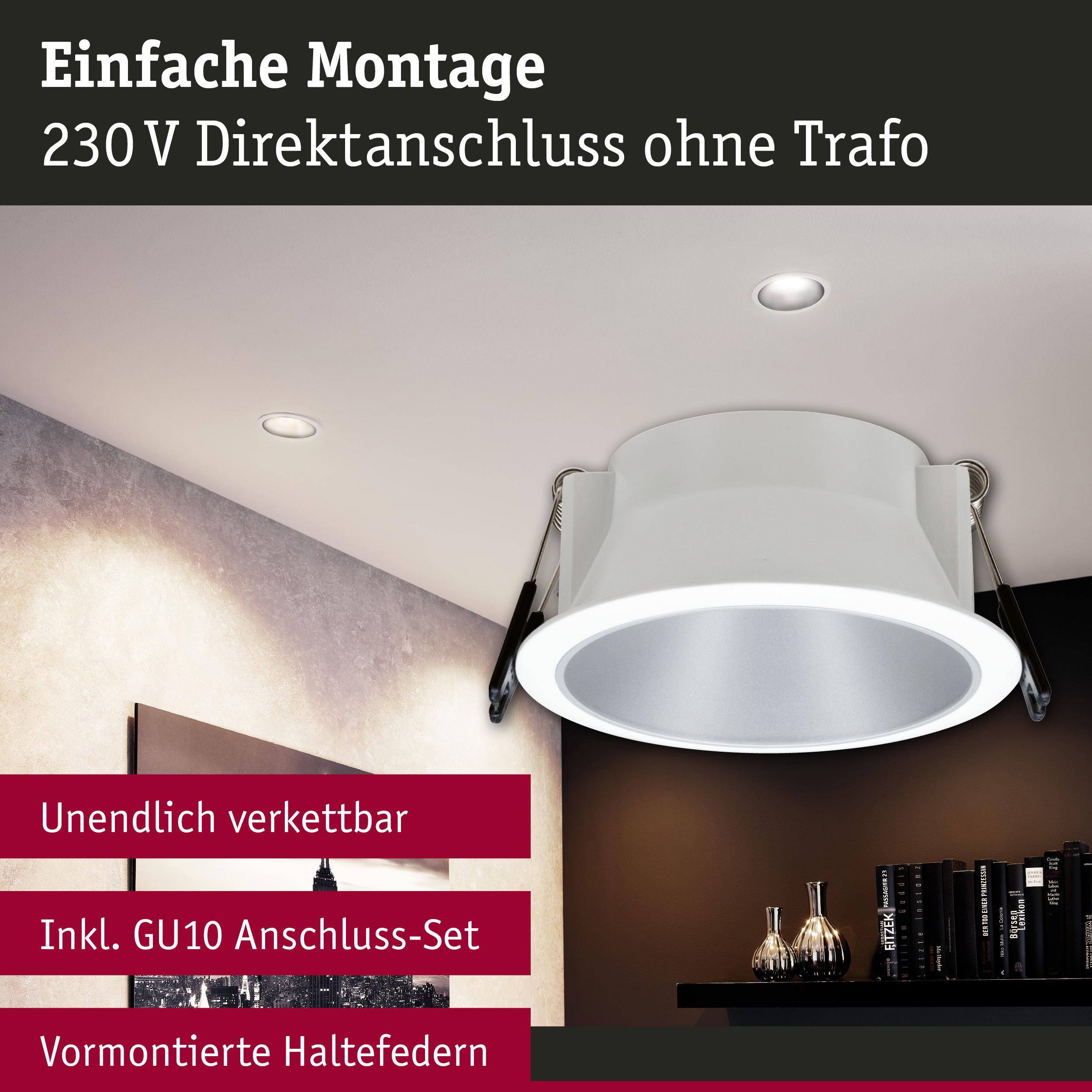 Weißer LED-Einbaustrahler mit GU10 Anschluss-Set und vormontierten Haltefedern für 230V Direktanschluss.