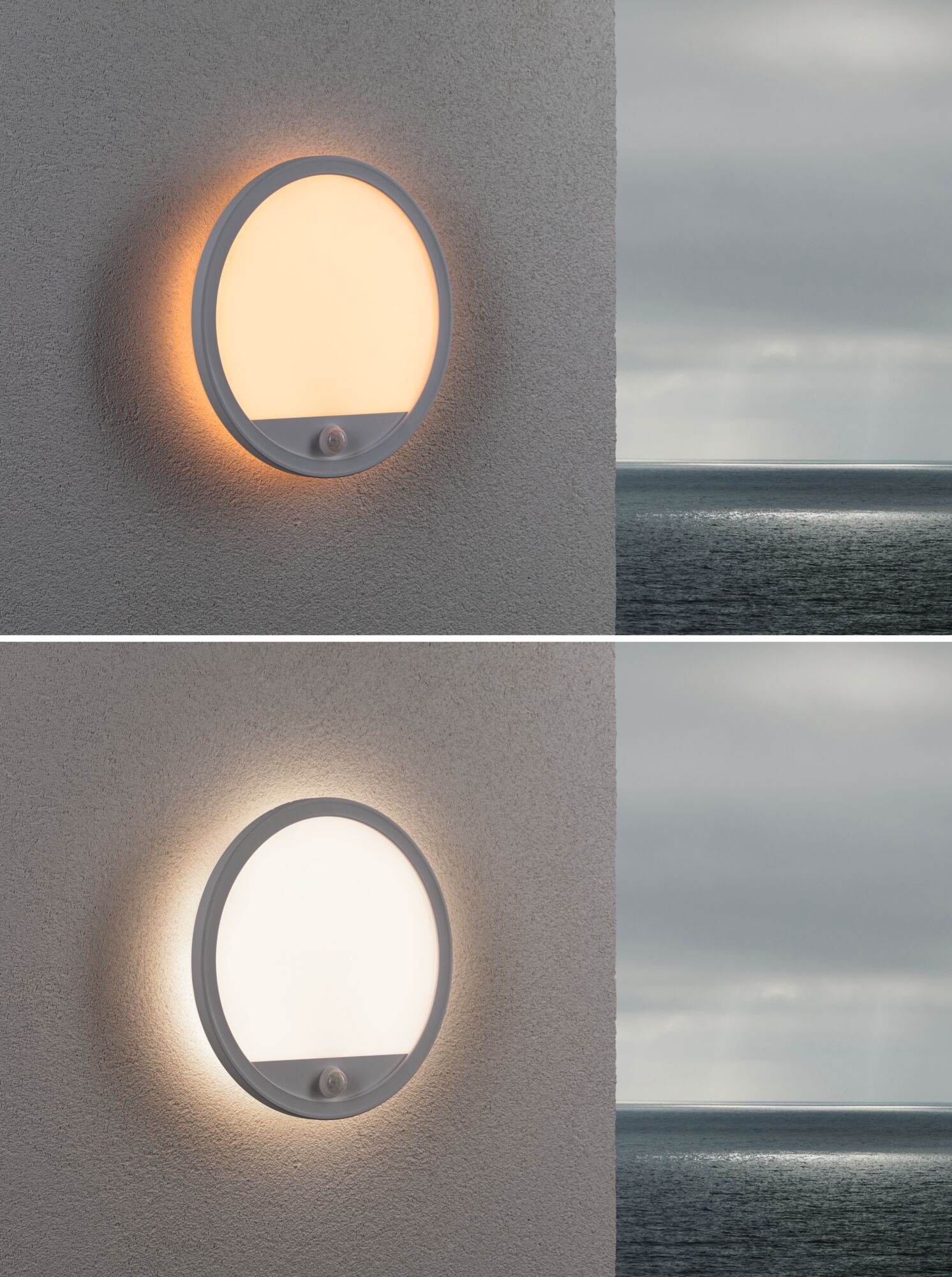 Round white outdoor wall light with motion sensor and warm white glow on grey wall by the sea