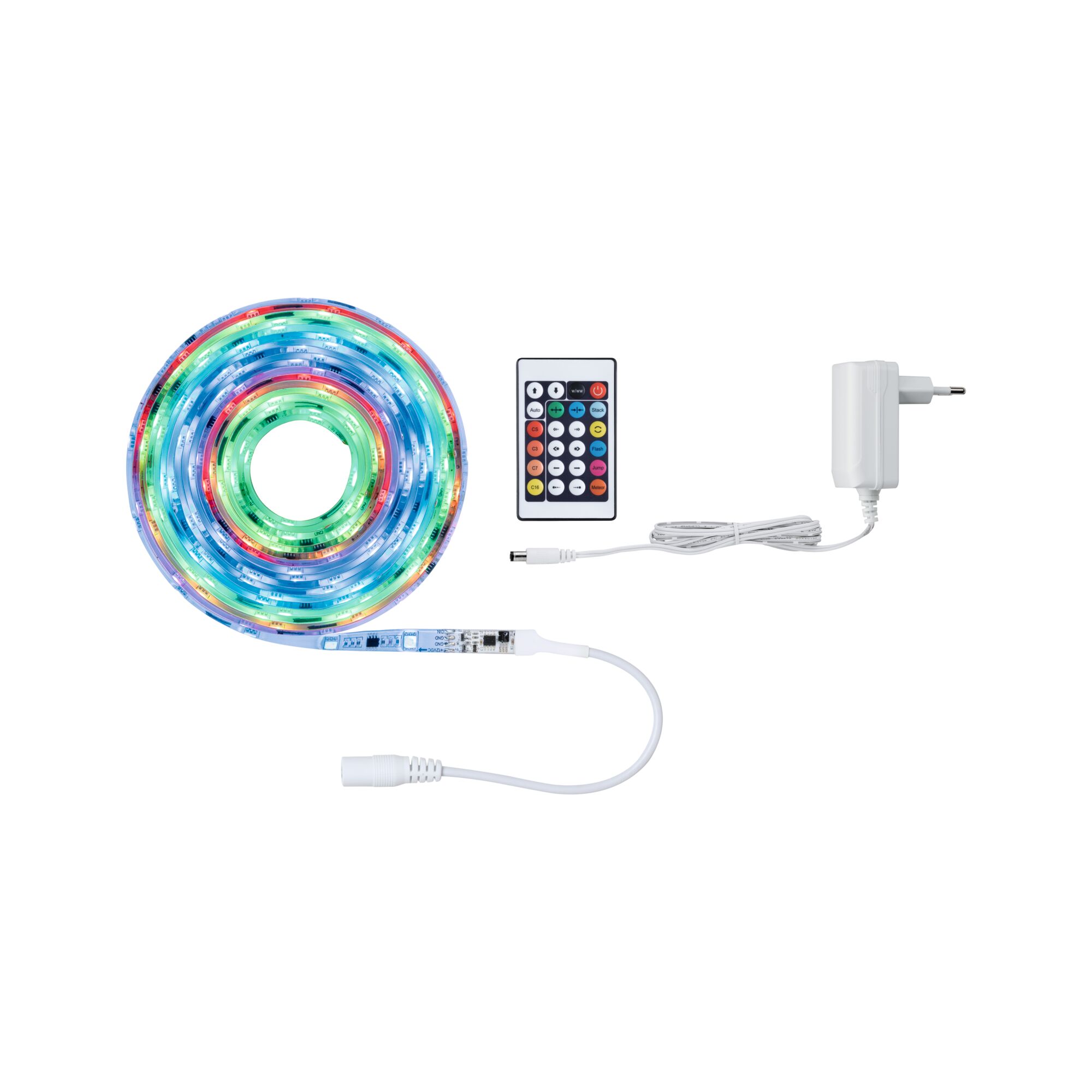 Bunter LED-Lichtstreifen mit Fernbedienung und Netzteil, flexibles RGB-Band für Wohnraumbeleuchtung