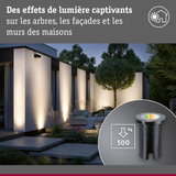 Éclairage extérieur LED moderne mettant en valeur la façade de la maison et les arbres du jardin au crépuscule