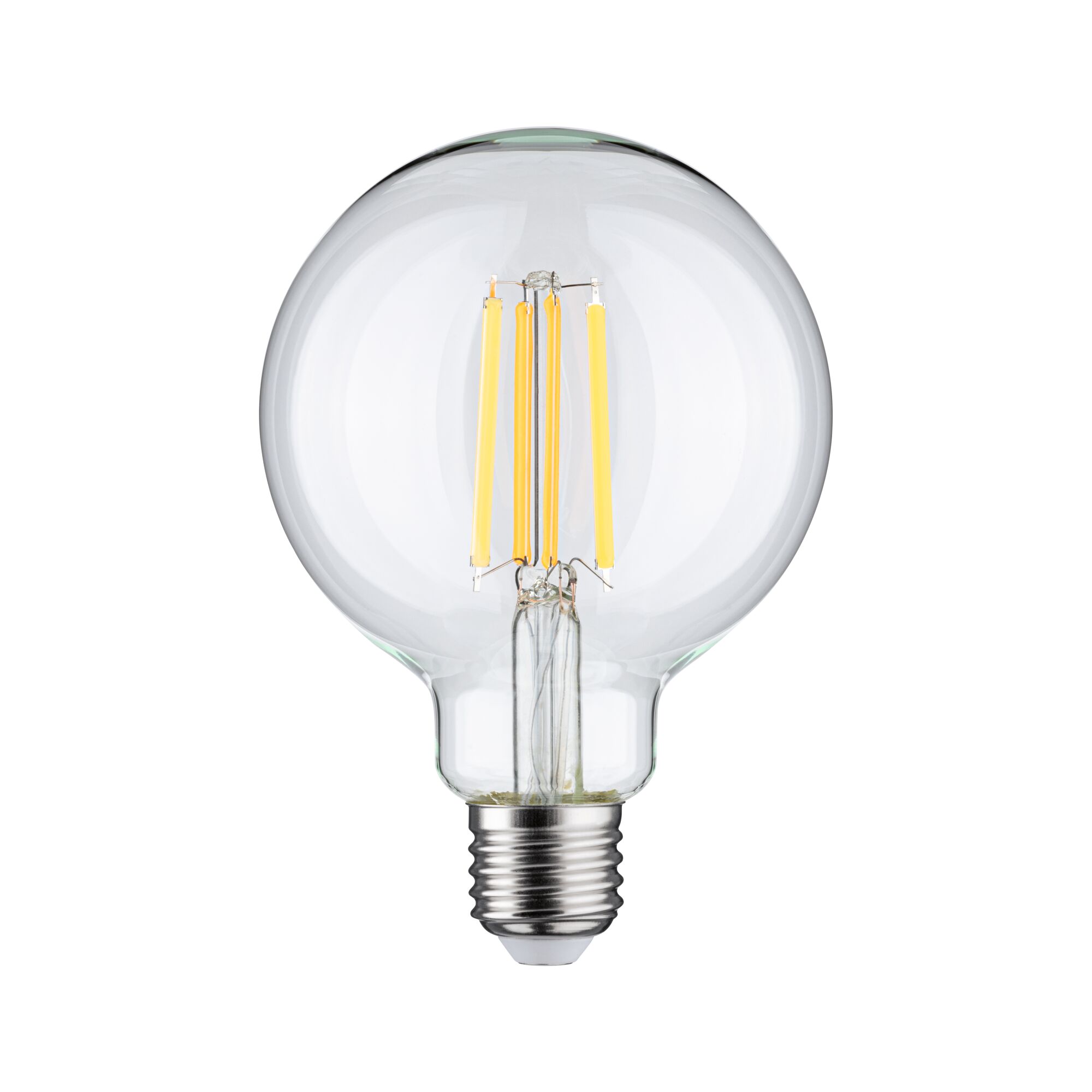 Clear LED light bulb with visible yellow filaments and E27 base for energy-efficient lighting