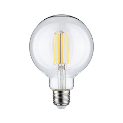 Klarer LED-Glühbirne mit sichtbaren gelben Filamenten und E27-Fassung für energiesparende Beleuchtung
