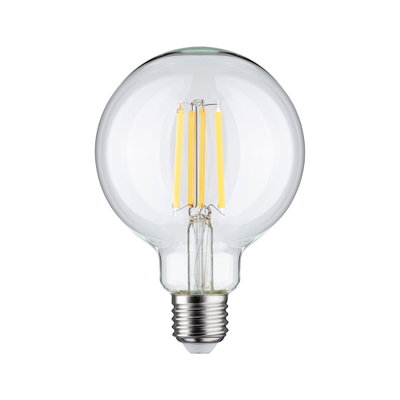 Klarer LED-Glühbirne mit sichtbaren gelben Filamenten und E27-Fassung für energiesparende Beleuchtung