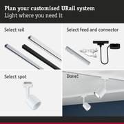 Modular URail track system with white and black rails, connectors, and white spotlights for flexible lighting
