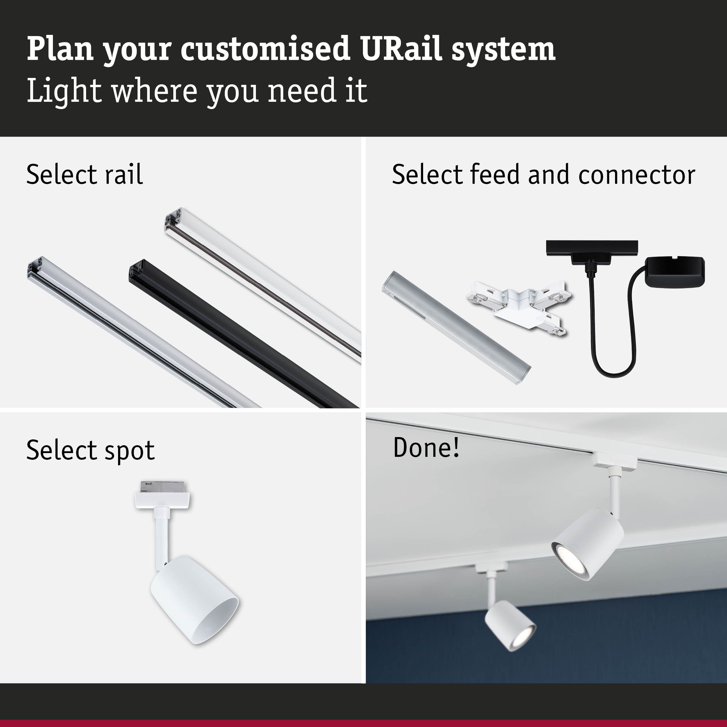 Modular URail track system with white and black rails, connectors, and white spotlights for flexible lighting
