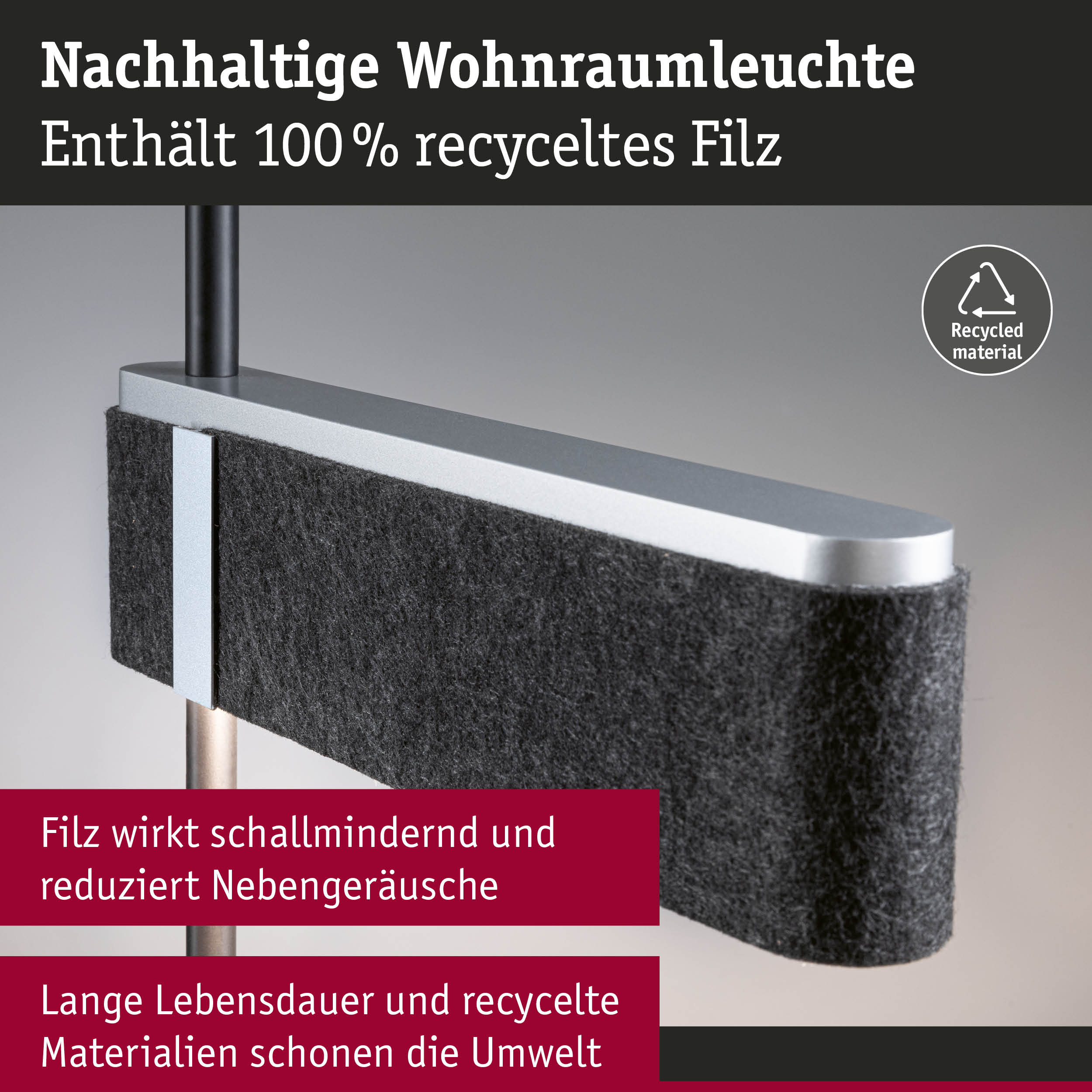 Nachhaltige Wohnraumleuchte mit 100% recyceltem schwarzem Filz und Metallrahmen für umweltfreundliche Beleuchtung