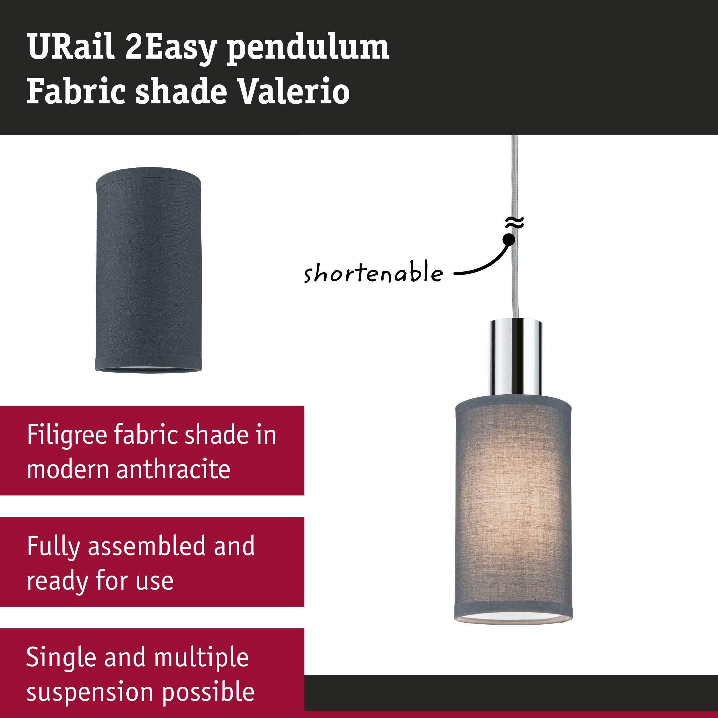 URail 2Easy pendant light with anthracite fabric shade, shorten cable, suitable for single or multiple suspension