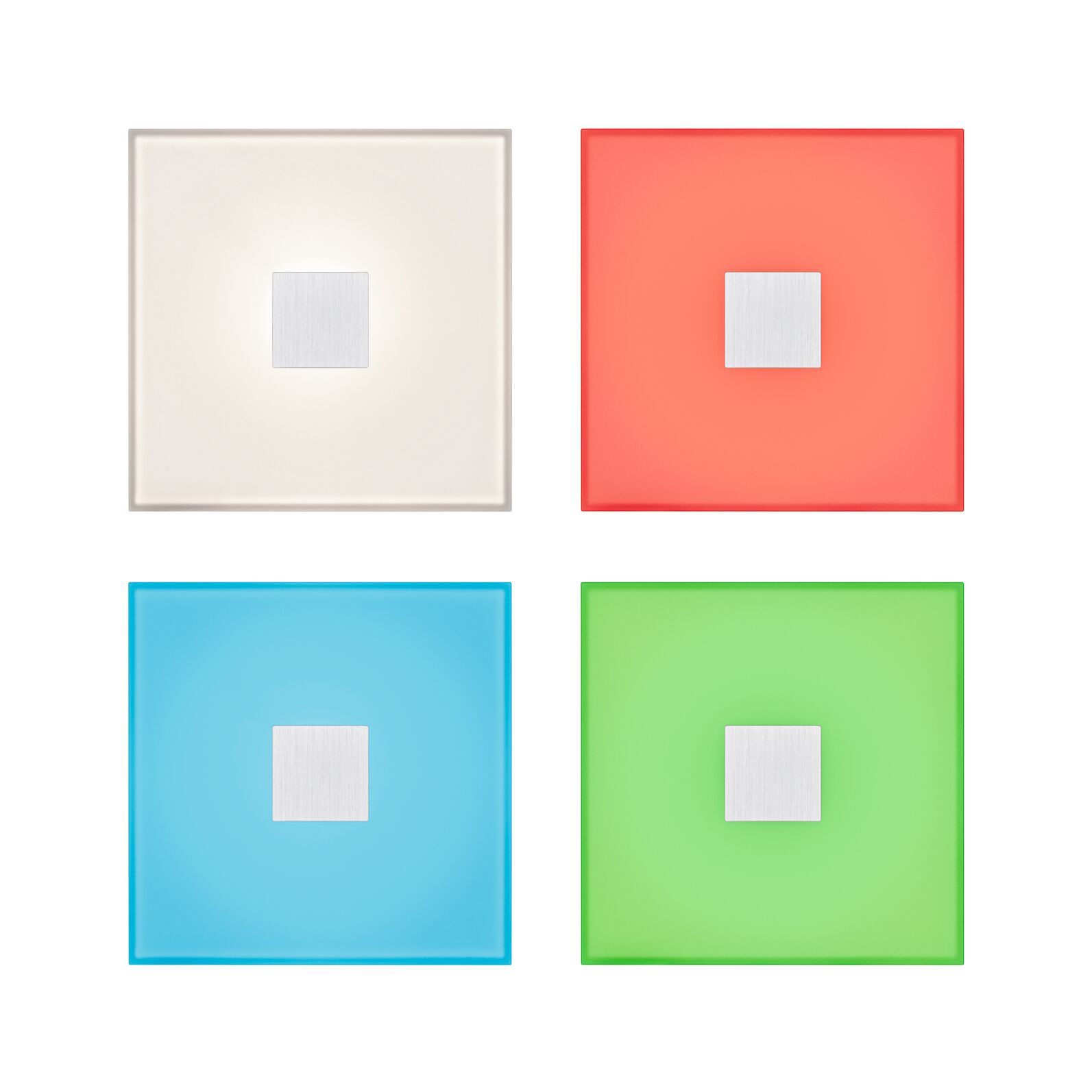 Four square glass panels in white, red, blue, and green with central metal square for light switches